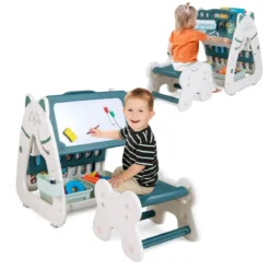 Kinderstaffelei mit Hocker 3-in-1-doppelseitige Tafel mit umgedrehtem Schreibtisch 56 x 54 x 63 cm
