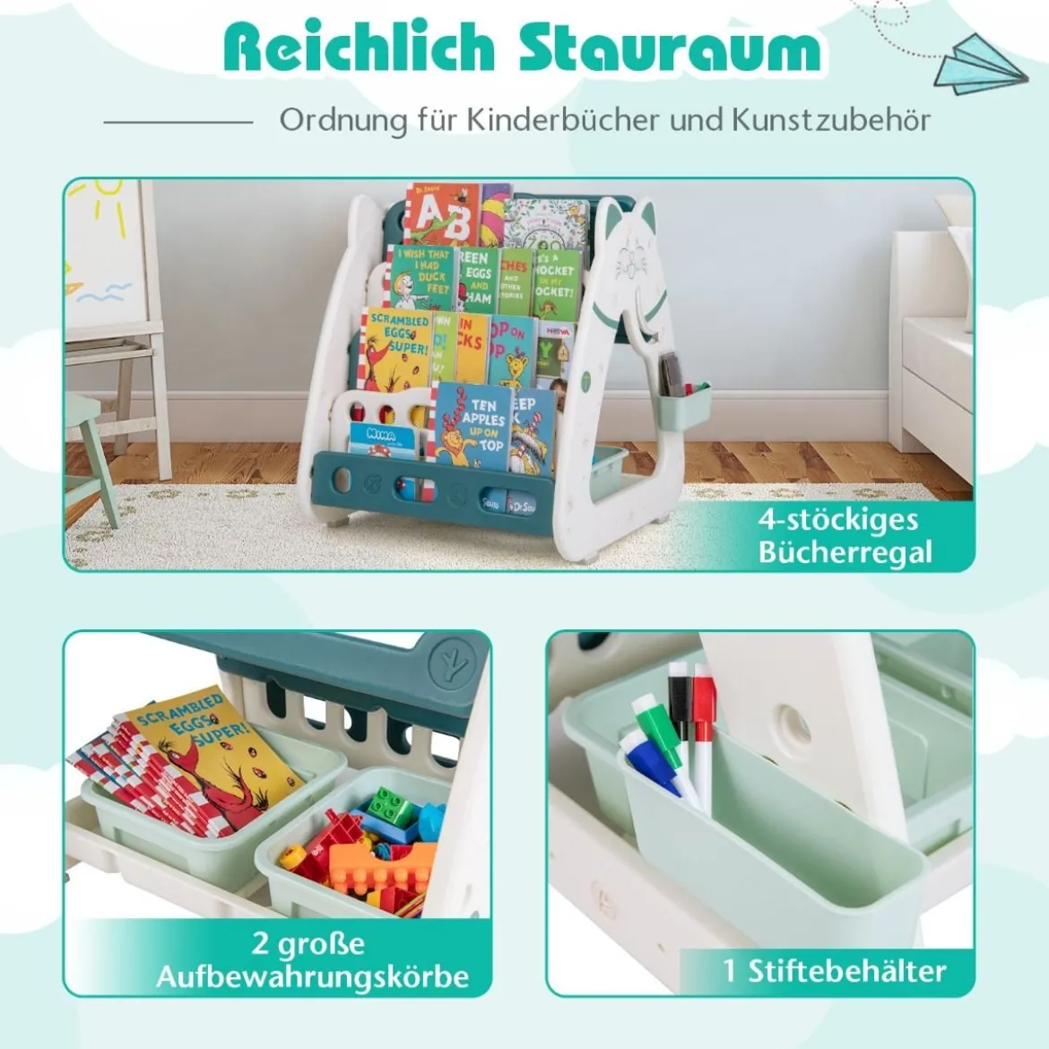Kinderstaffelei mit Hocker 3-in-1-doppelseitige Tafel mit umgedrehtem Schreibtisch 56 x 54 x 63 cm