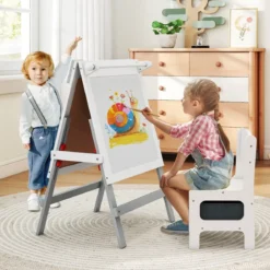 Kinder Staffelei mit Stuhl Höhenverstellbare Kindertafel mit Kreidetafel & Whiteboard Grau