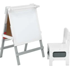 Kinder Staffelei mit Stuhl Höhenverstellbare Kindertafel mit Kreidetafel & Whiteboard Grau