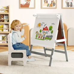 Kinder Staffelei mit Stuhl Höhenverstellbare Kindertafel mit Kreidetafel & Whiteboard Grau