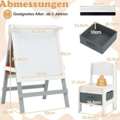 Kinder Staffelei mit Stuhl Höhenverstellbare Kindertafel mit Kreidetafel & Whiteboard Grau