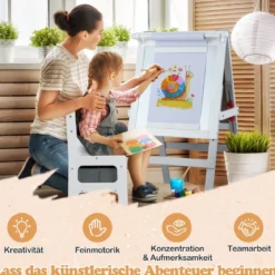 Kinder Staffelei mit Stuhl Höhenverstellbare Kindertafel mit Kreidetafel & Whiteboard Grau