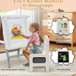 Kinder Staffelei mit Stuhl Höhenverstellbare Kindertafel mit Kreidetafel & Whiteboard Grau