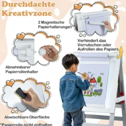 Kinder Staffelei mit Stuhl Höhenverstellbare Kindertafel mit Kreidetafel & Whiteboard Grau