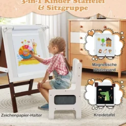 Kinder Staffelei mit Stuhl Höhenverstellbare Kindertafel mit Kreidetafel & Whiteboard Braun