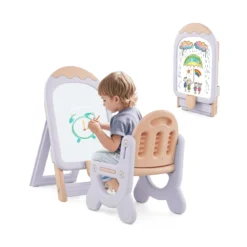 Kinder Staffelei mit Stuhl Kindertafel Höhenverstellbar & Klappbar mit Whiteboard & Aufbewahrungsbox Lila