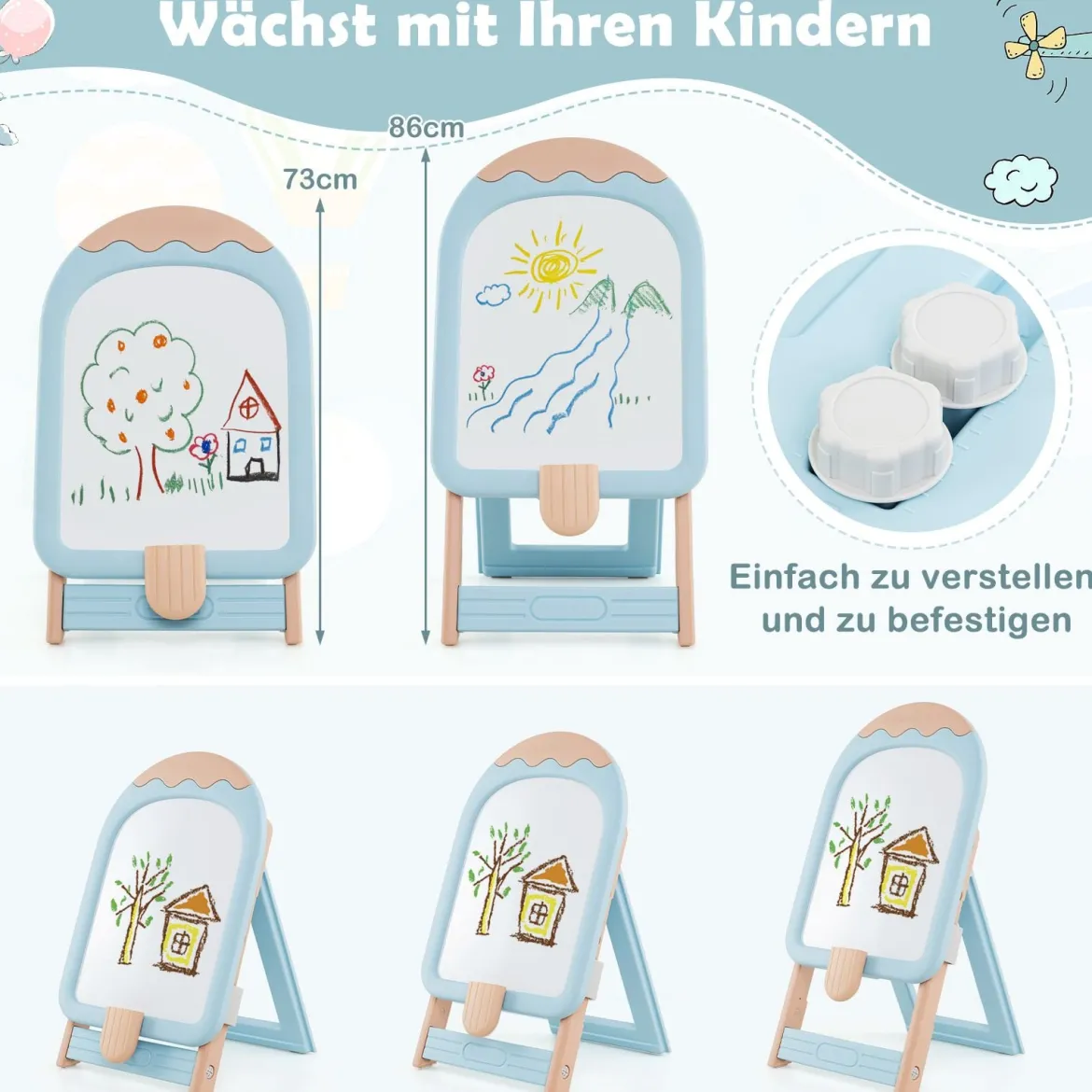 Kinder Staffelei mit Stuhl Kindertafel Höhenverstellbar & Klappbar mit Whiteboard & Aufbewahrungsbox Blau