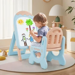 Kinder Staffelei mit Stuhl Kindertafel Höhenverstellbar & Klappbar mit Whiteboard & Aufbewahrungsbox Blau