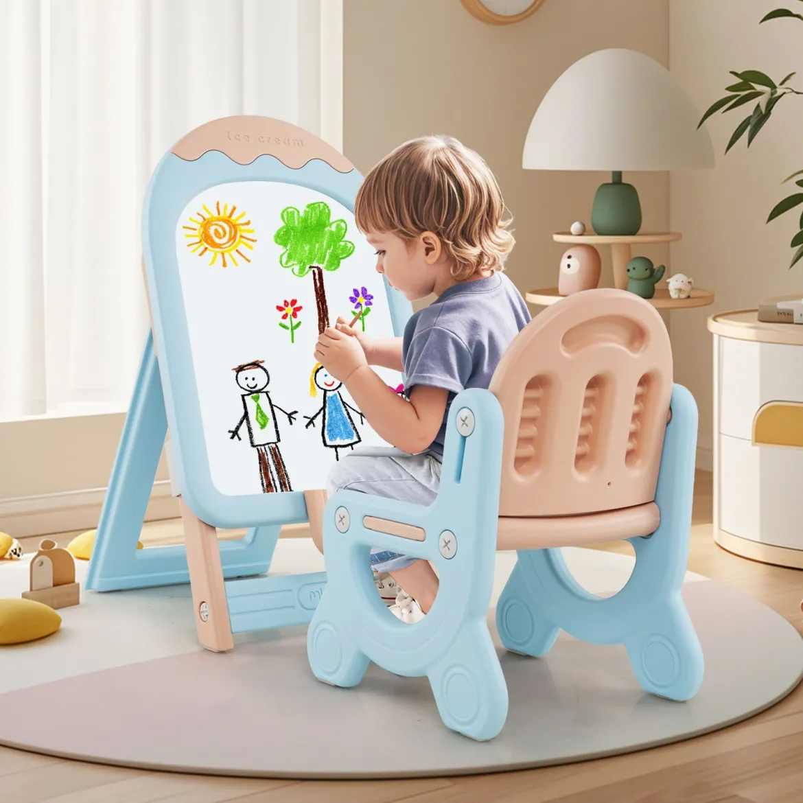 Kinder Staffelei mit Stuhl Kindertafel Höhenverstellbar & Klappbar mit Whiteboard & Aufbewahrungsbox Blau