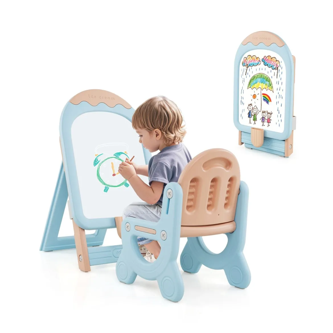 Kinder Staffelei mit Stuhl Kindertafel Höhenverstellbar & Klappbar mit Whiteboard & Aufbewahrungsbox Blau