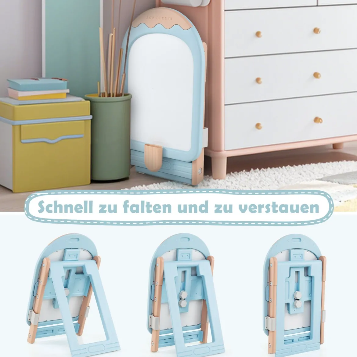 Kinder Staffelei mit Stuhl Kindertafel Höhenverstellbar & Klappbar mit Whiteboard & Aufbewahrungsbox Blau