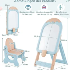 Kinder Staffelei mit Stuhl Kindertafel Höhenverstellbar & Klappbar mit Whiteboard & Aufbewahrungsbox Blau