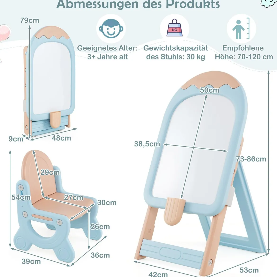 Kinder Staffelei mit Stuhl Kindertafel Höhenverstellbar & Klappbar mit Whiteboard & Aufbewahrungsbox Blau