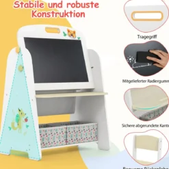 Kinder Staffelei mit Stuhl Kindertafel mit Bücherregal & Magnetischer Kreidetafel & Weißtafel Natur