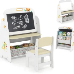 Kinder Staffelei mit Stuhl Kindertafel mit Bücherregal & Magnetischer Kreidetafel & Weißtafel Natur