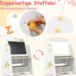 Kinder Staffelei mit Stuhl Kindertafel mit Bücherregal & Magnetischer Kreidetafel & Weißtafel Natur