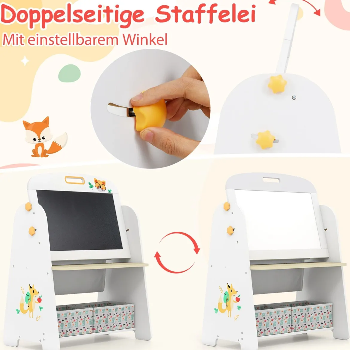 Kinder Staffelei mit Stuhl Kindertafel mit Bücherregal & Magnetischer Kreidetafel & Weißtafel Natur