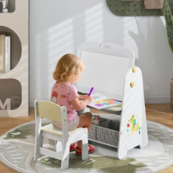 Kinder Staffelei mit Stuhl Kindertafel mit Bücherregal & Magnetischer Kreidetafel & Weißtafel Natur