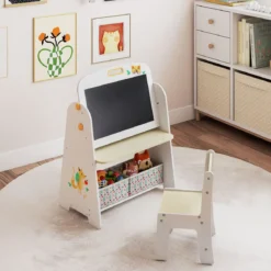 Kinder Staffelei mit Stuhl Kindertafel mit Bücherregal & Magnetischer Kreidetafel & Weißtafel Natur