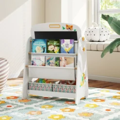 Kinder Staffelei mit Stuhl Kindertafel mit Bücherregal & Magnetischer Kreidetafel & Weißtafel Natur