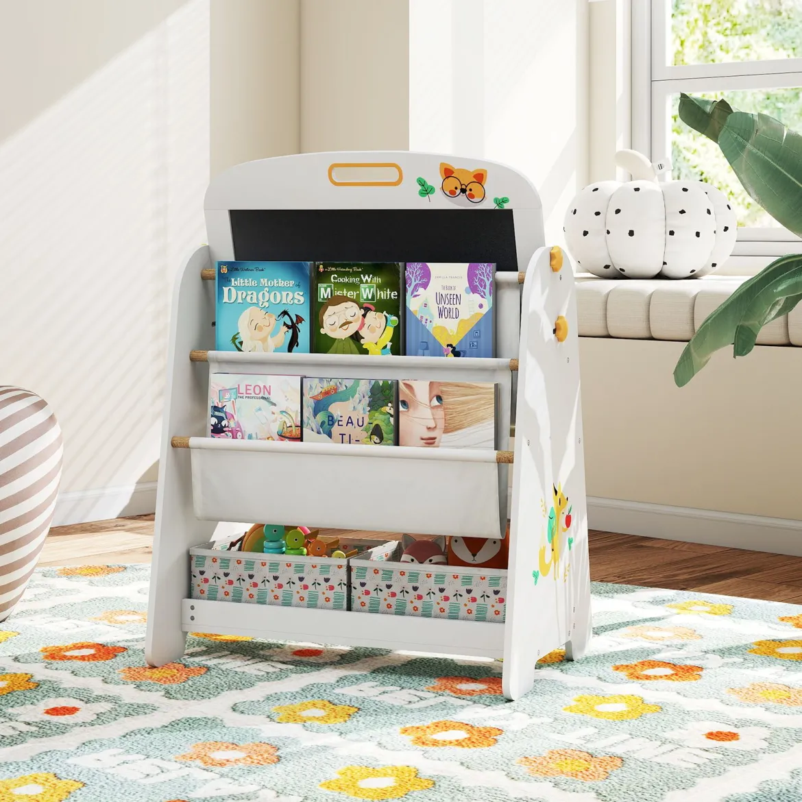 Kinder Staffelei mit Stuhl Kindertafel mit Bücherregal & Magnetischer Kreidetafel & Weißtafel Natur