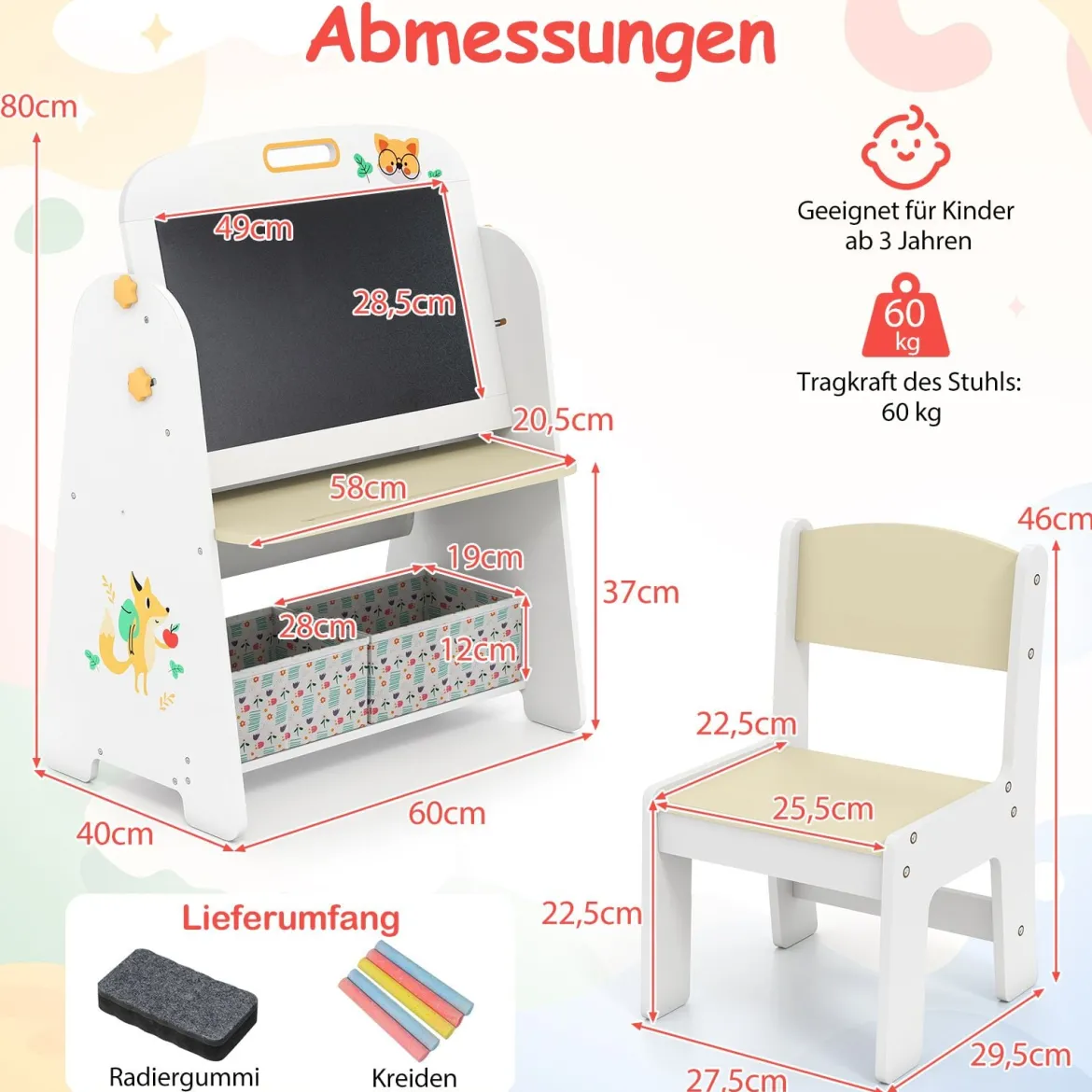 Kinder Staffelei mit Stuhl Kindertafel mit Bücherregal & Magnetischer Kreidetafel & Weißtafel Natur