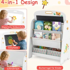 Kinder Staffelei mit Stuhl Kindertafel mit Bücherregal & Magnetischer Kreidetafel & Weißtafel Natur