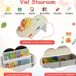Kinder Staffelei mit Stuhl Kindertafel mit Bücherregal & Magnetischer Kreidetafel & Weißtafel Natur