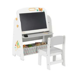 Kinder Staffelei mit Stuhl Kindertafel mit Bücherregal & Magnetischer Kreidetafel & Weißtafel Grau