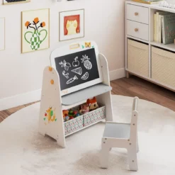 Kinder Staffelei mit Stuhl Kindertafel mit Bücherregal & Magnetischer Kreidetafel & Weißtafel Grau