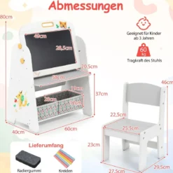 Kinder Staffelei mit Stuhl Kindertafel mit Bücherregal & Magnetischer Kreidetafel & Weißtafel Grau