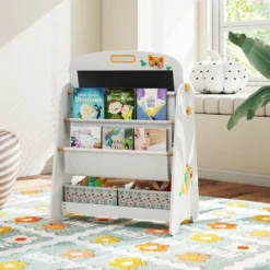 Kinder Staffelei mit Stuhl Kindertafel mit Bücherregal & Magnetischer Kreidetafel & Weißtafel Grau