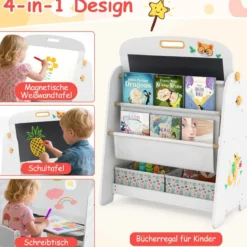 Kinder Staffelei mit Stuhl Kindertafel mit Bücherregal & Magnetischer Kreidetafel & Weißtafel Grau