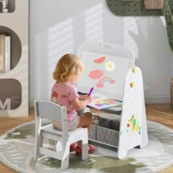 Kinder Staffelei mit Stuhl Kindertafel mit Bücherregal & Magnetischer Kreidetafel & Weißtafel Grau