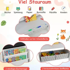 Kinder Staffelei mit Stuhl Kindertafel mit Bücherregal & Magnetischer Kreidetafel & Weißtafel Grau