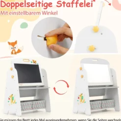 Kinder Staffelei mit Stuhl Kindertafel mit Bücherregal & Magnetischer Kreidetafel & Weißtafel Grau
