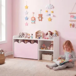 Kindertisch aus Holz Aktivitätstisch mit Breiter Tischplatte & Regal Kindersitzbank auf Rollen Rosa
