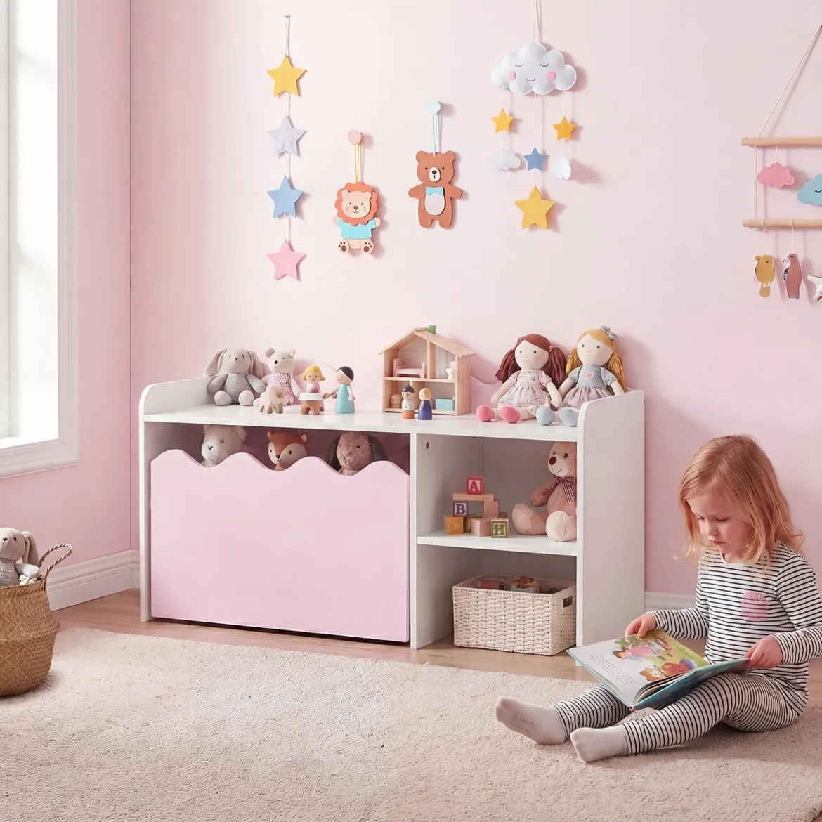 Kindertisch aus Holz Aktivitätstisch mit Breiter Tischplatte & Regal Kindersitzbank auf Rollen Rosa
