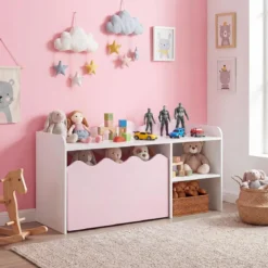 Kindertisch aus Holz Aktivitätstisch mit Breiter Tischplatte & Regal Kindersitzbank auf Rollen Rosa