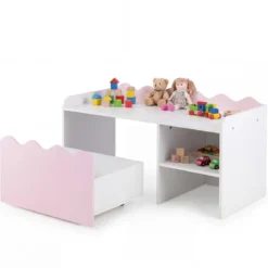 Kindertisch aus Holz Aktivitätstisch mit Breiter Tischplatte & Regal Kindersitzbank auf Rollen Rosa