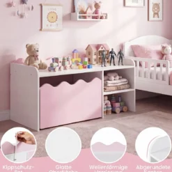 Kindertisch aus Holz Aktivitätstisch mit Breiter Tischplatte & Regal Kindersitzbank auf Rollen Rosa