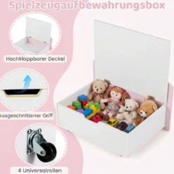 Kindertisch aus Holz Aktivitätstisch mit Breiter Tischplatte & Regal Kindersitzbank auf Rollen Rosa