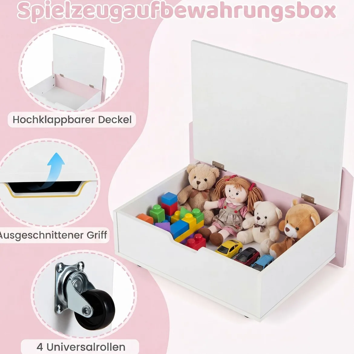 Kindertisch aus Holz Aktivitätstisch mit Breiter Tischplatte & Regal Kindersitzbank auf Rollen Rosa