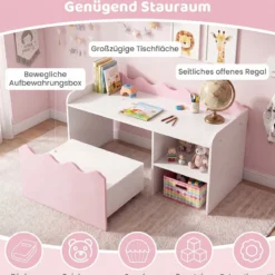 Kindertisch aus Holz Aktivitätstisch mit Breiter Tischplatte & Regal Kindersitzbank auf Rollen Rosa