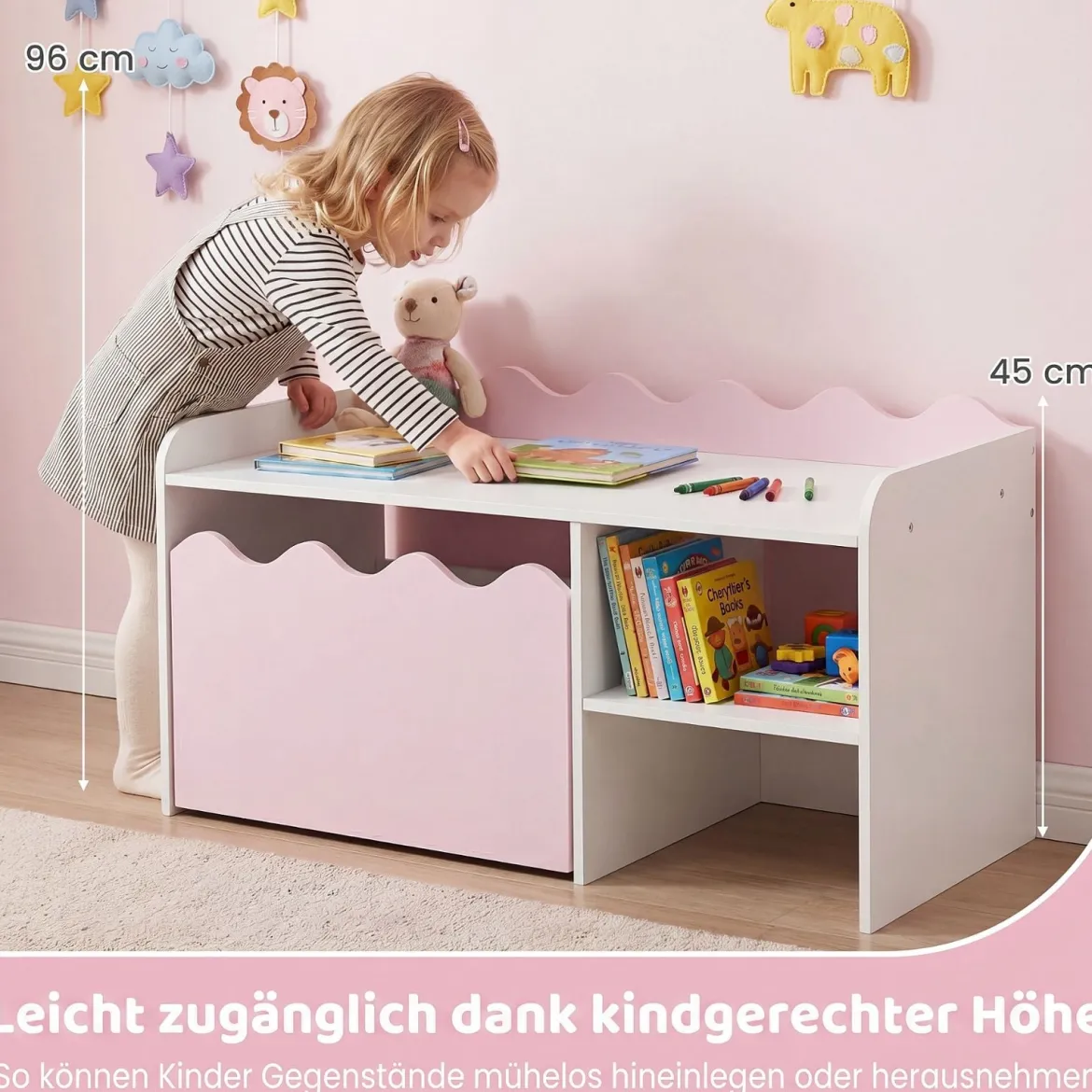 Kindertisch aus Holz Aktivitätstisch mit Breiter Tischplatte & Regal Kindersitzbank auf Rollen Rosa