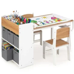 Kindertisch aus Holz Kindersitzgruppe mit 2 Stühlen 4 Fächer 6 Stoffkörben & Papierrolle Natur