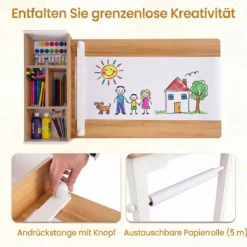 Kindertisch aus Holz Kindersitzgruppe mit 2 Stühlen 4 Fächer 6 Stoffkörben & Papierrolle Natur