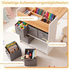 Kindertisch aus Holz Kindersitzgruppe mit 2 Stühlen 4 Fächer 6 Stoffkörben & Papierrolle Natur