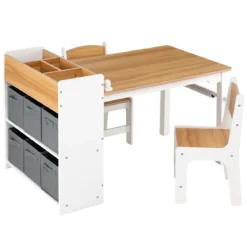 Kindertisch aus Holz Kindersitzgruppe mit 2 Stühlen 4 Fächer 6 Stoffkörben & Papierrolle Natur